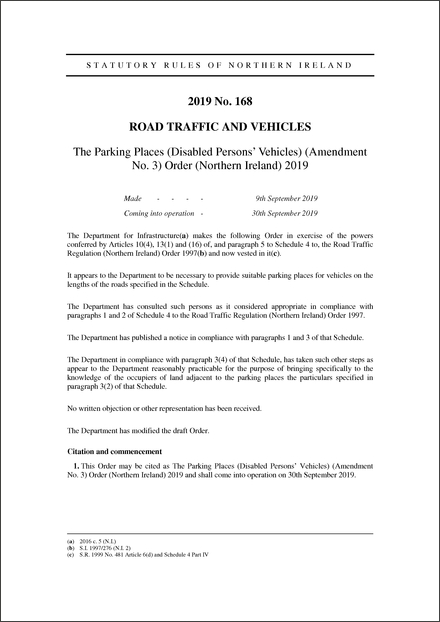 The Parking Places (Disabled Persons' Vehicles) (Amendment No. 3) Order (Northern Ireland) 2019