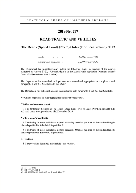 The Roads (Speed Limit) (No. 3) Order (Northern Ireland) 2019