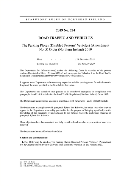 The Parking Places (Disabled Persons' Vehicles) (Amendment No. 5) Order (Northern Ireland) 2019