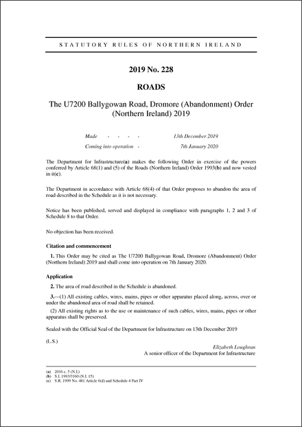The U7200 Ballygowan Road, Dromore (Abandonment) Order (Northern Ireland) 2019