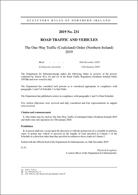 The One-Way Traffic (Coalisland) Order (Northern Ireland) 2019