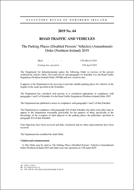 The Parking Places (Disabled Persons' Vehicles) (Amendment) Order (Northern Ireland) 2019