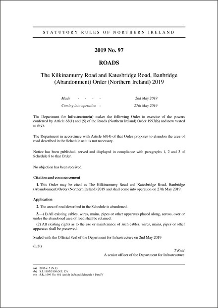 The Kilkinamurry Road and Katesbridge Road, Banbridge (Abandonment) Order (Northern Ireland) 2019