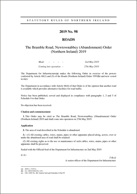 The Bramble Road, Newtownabbey (Abandonment) Order (Northern Ireland) 2019