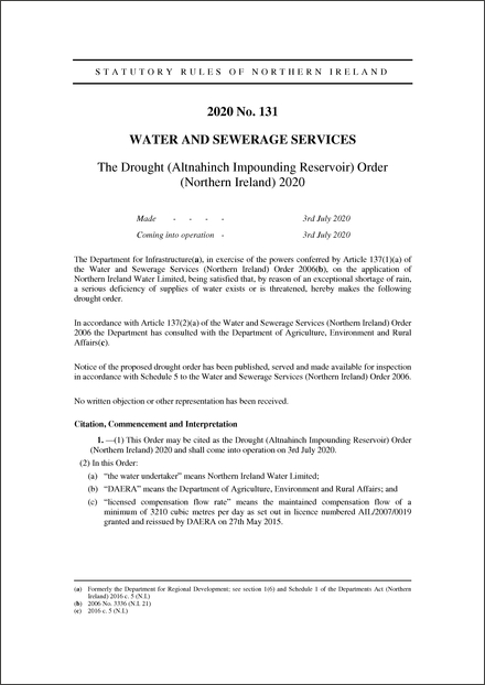 The Drought (Altnahinch Impounding Reservoir) Order (Northern Ireland) 2020