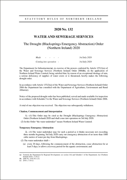 The Drought (Blacksprings Emergency Abstraction) Order (Northern Ireland) 2020