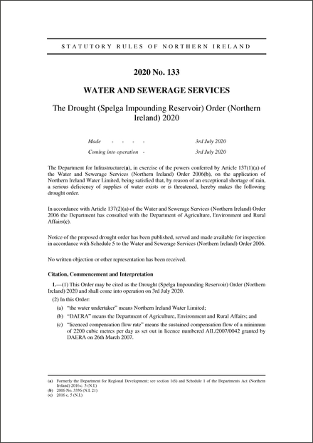 The Drought (Spelga Impounding Reservoir) Order (Northern Ireland) 2020