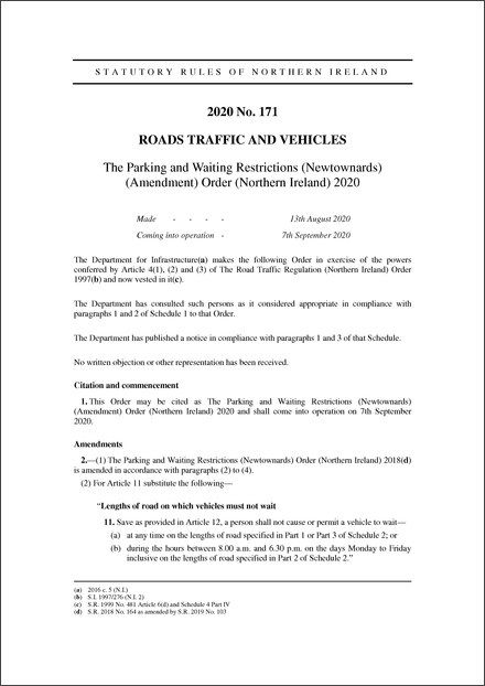 The Parking and Waiting Restrictions (Newtownards) (Amendment) Order (Northern Ireland) 2020