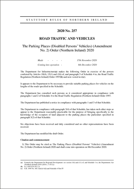 The Parking Places (Disabled Persons' Vehicles) (Amendment No. 2) Order (Northern Ireland) 2020