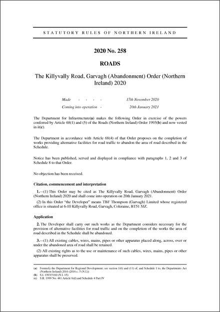 The Killyvally Road, Garvagh (Abandonment) Order (Northern Ireland) 2020