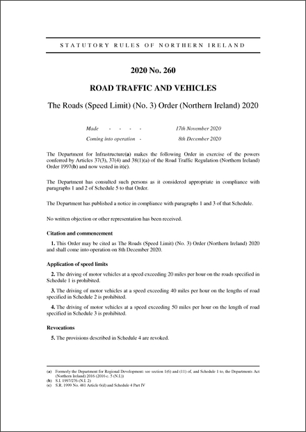 The Roads (Speed Limit) (No. 3) Order (Northern Ireland) 2020