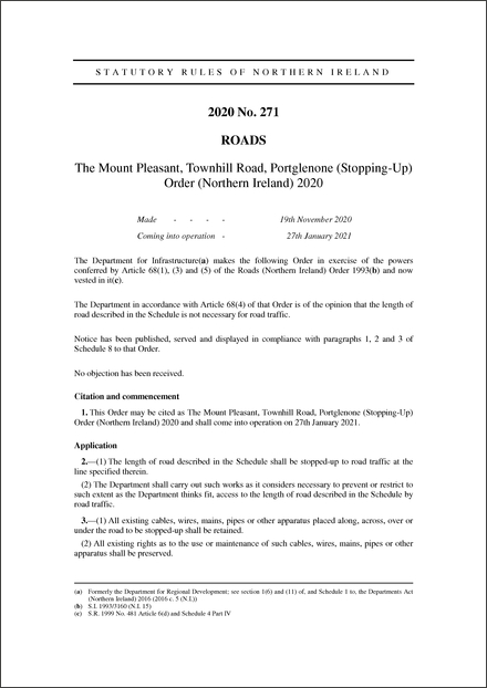 The Mount Pleasant, Townhill Road, Portglenone (Stopping-Up) Order (Northern Ireland) 2020