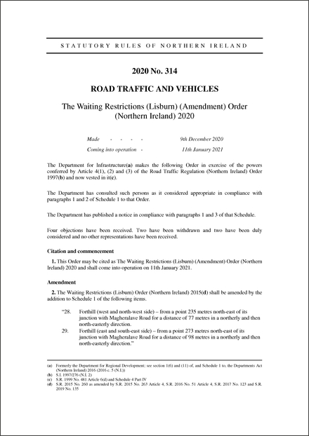 The Waiting Restrictions (Lisburn) (Amendment) Order (Northern Ireland) 2020