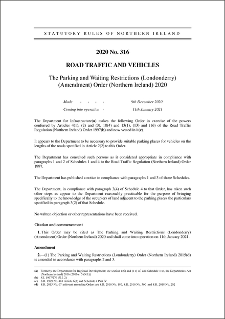 The Parking and Waiting Restrictions (Londonderry) (Amendment) Order (Northern Ireland) 2020