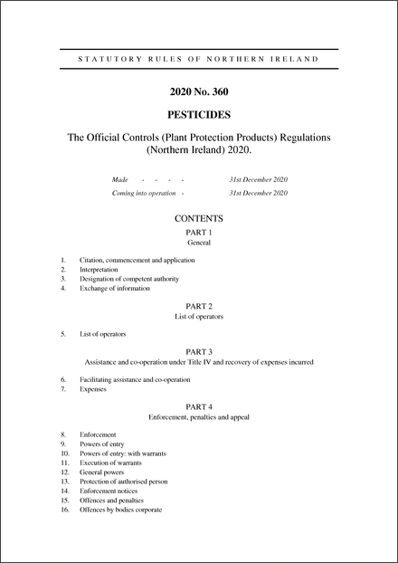 The Official Controls (Plant Protection Products) Regulations (Northern Ireland) 2020.