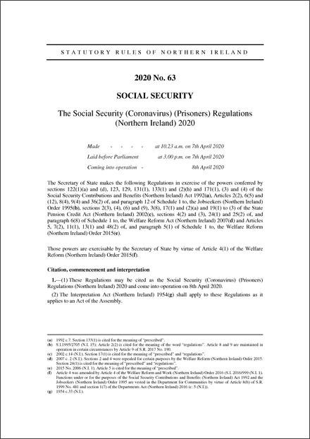 The Social Security (Coronavirus) (Prisoners) Regulations (Northern Ireland) 2020