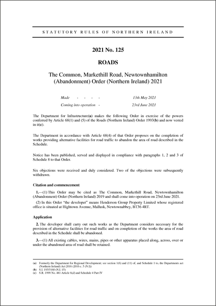 The Common, Markethill Road, Newtownhamilton (Abandonment) Order (Northern Ireland) 2021