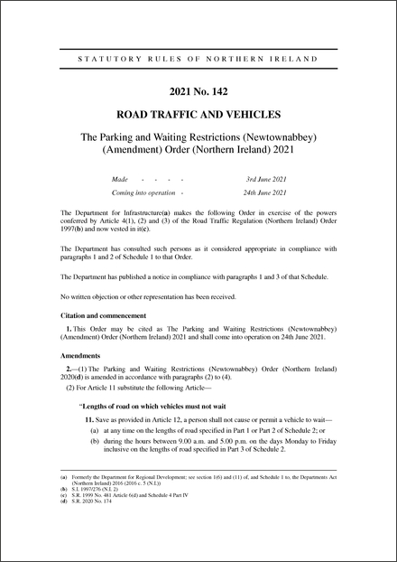 The Parking and Waiting Restrictions (Newtownabbey) (Amendment) Order (Northern Ireland) 2021
