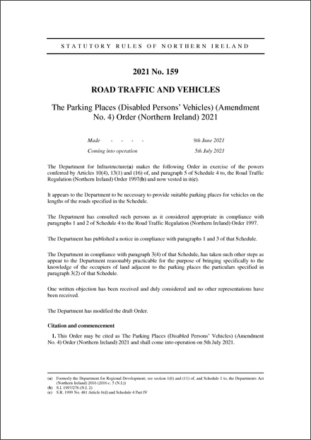 The Parking Places (Disabled Persons’ Vehicles) (Amendment No. 4) Order (Northern Ireland) 2021