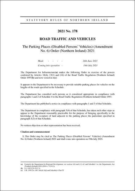 The Parking Places (Disabled Persons’ Vehicles) (Amendment No. 6) Order (Northern Ireland) 2021