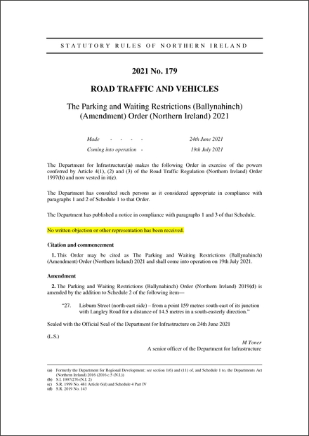 The Parking and Waiting Restrictions (Ballynahinch) (Amendment) Order (Northern Ireland) 2021