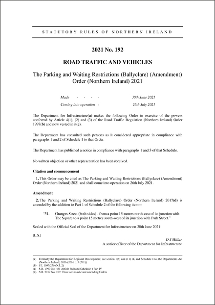 The Parking and Waiting Restrictions (Ballyclare) (Amendment) Order (Northern Ireland) 2021