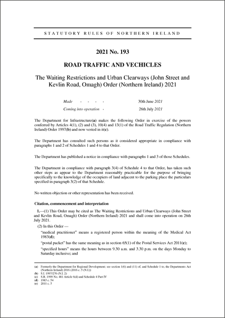 The Waiting Restrictions and Urban Clearways (John Street and Kevlin Road, Omagh) Order (Northern Ireland) 2021