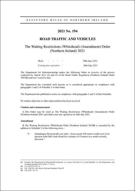 The Waiting Restrictions (Whitehead) (Amendment) Order (Northern Ireland) 2021