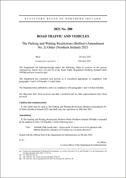 The Parking and Waiting Restrictions (Belfast) (Amendment No. 2) Order (Northern Ireland) 2021