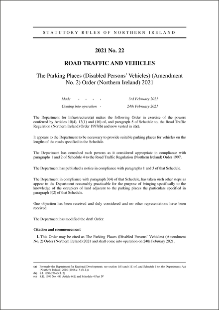 The Parking Places (Disabled Persons’ Vehicles) (Amendment No. 2) Order (Northern Ireland) 2021