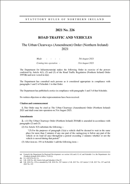 The Urban Clearways (Amendment) Order (Northern Ireland) 2021