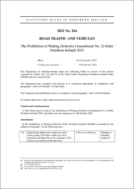 The Prohibition of Waiting (Schools) (Amendment No. 2) Order (Northern Ireland) 2021