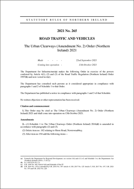 The Urban Clearways (Amendment No. 2) Order (Northern Ireland) 2021
