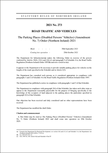 The Parking Places (Disabled Persons’ Vehicles) (Amendment No. 7) Order (Northern Ireland) 2021
