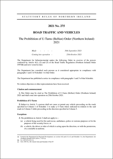 The Prohibition of U-Turns (Belfast) Order (Northern Ireland) 2021