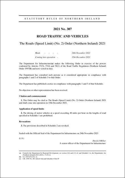 The Roads (Speed Limit) (No. 2) Order (Northern Ireland) 2021