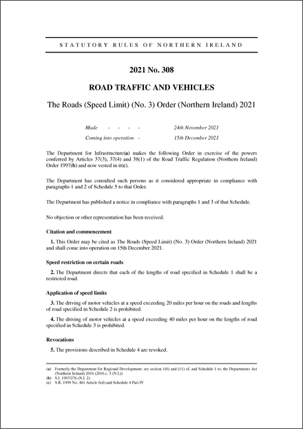 The Roads (Speed Limit) (No. 3) Order (Northern Ireland) 2021