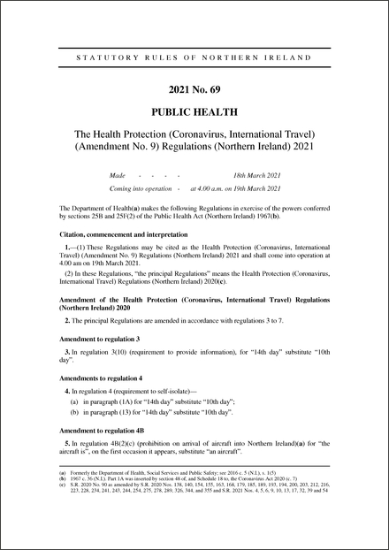 The Health Protection (Coronavirus, International Travel) (Amendment No. 9) Regulations (Northern Ireland) 2021