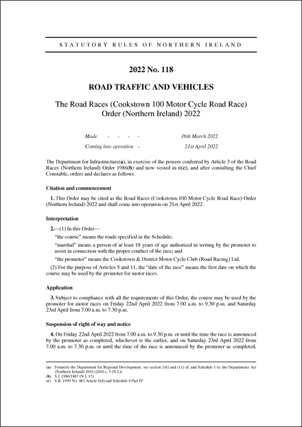 The Road Races (Cookstown 100 Motor Cycle Road Race) Order (Northern Ireland) 2022
