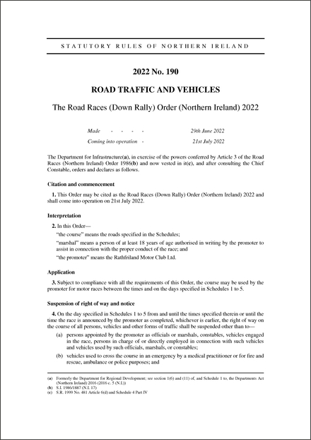 The Road Races (Down Rally) Order (Northern Ireland) 2022