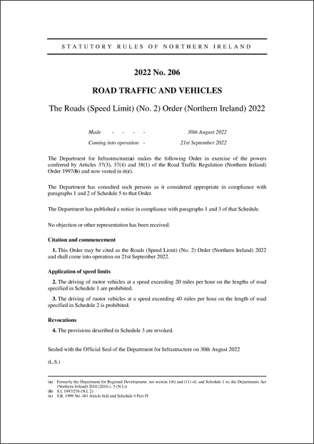 The Roads (Speed Limit) (No. 2) Order (Northern Ireland) 2022