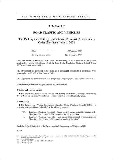 The Parking and Waiting Restrictions (Crumlin) (Amendment) Order (Northern Ireland) 2022