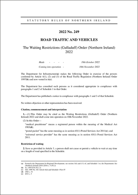The Waiting Restrictions (Gulladuff) Order (Northern Ireland) 2022