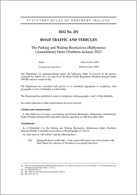 The Parking and Waiting Restrictions (Ballymena) (Amendment) Order (Northern Ireland) 2022