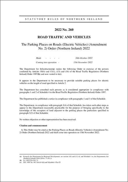 The Parking Places on Roads (Electric Vehicles) (Amendment No. 2) Order (Northern Ireland) 2022