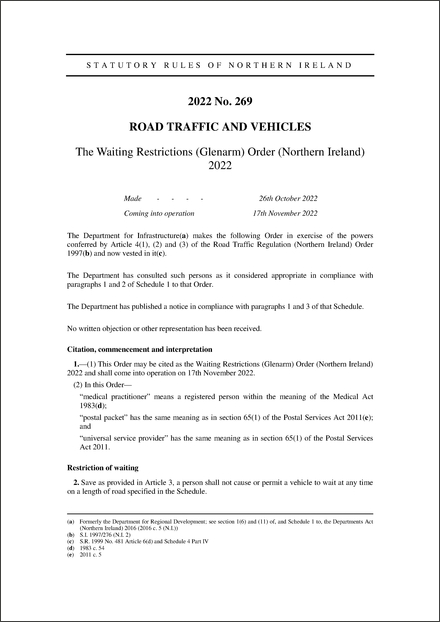 The Waiting Restrictions (Glenarm) Order (Northern Ireland) 2022