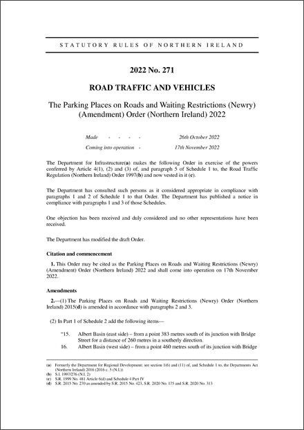 The Parking Places on Roads and Waiting Restrictions (Newry) (Amendment) Order (Northern Ireland) 2022