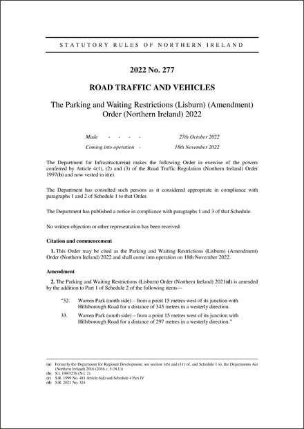 The Parking and Waiting Restrictions (Lisburn) (Amendment) Order (Northern Ireland) 2022