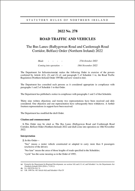 The Bus Lanes (Ballygowan Road and Castlereagh Road Corridor, Belfast) Order (Northern Ireland) 2022