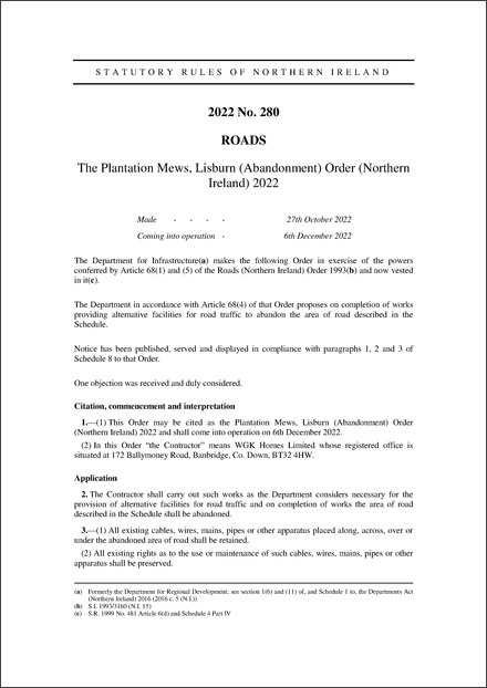 The Plantation Mews, Lisburn (Abandonment) Order (Northern Ireland) 2022